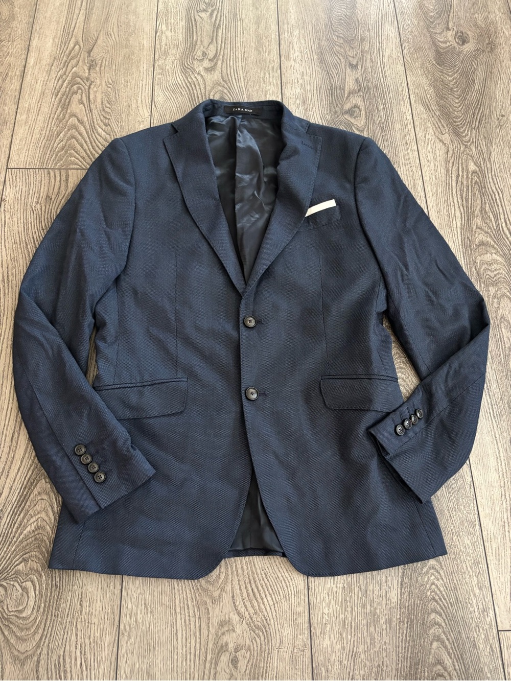 Zara Men's Navy Textured Two-Button Blazer